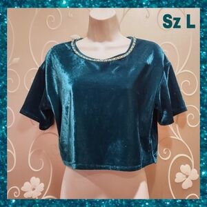 WOMENS TURQUOISE VELOUR CROP TOP SIZE L
